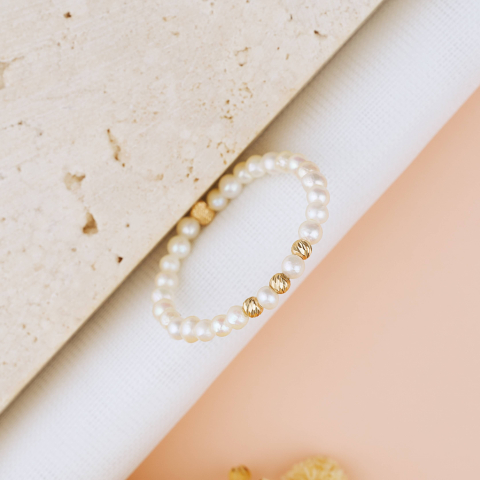 Inele aur personalizate - Inel din Perle naturale de Cultura si 3 Bilute striate din Aur 14K