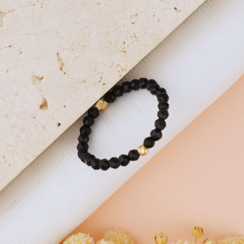 Inele aur personalizate - Inel din Cristale negre fatetate si 1 Biluta din Aur 14K striata 2 mm