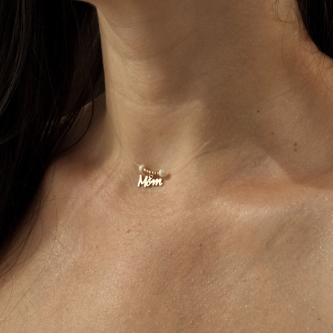 Cadou pentru parinti - Lantisor cu fir transparent si pandantiv din aur 14K mama - bilute striate din aur 2.5mm