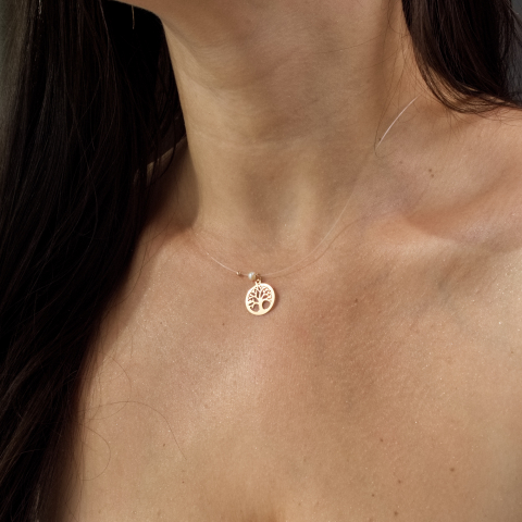 Lantisor fir transparent - Colier invizibil - Lantisor cu fir transparent si pandantiv copacul vietii din aur 14K