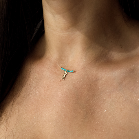 Lantisor fir transparent - Colier invizibil - Lantisor cu fir transparent si pandantiv baietel din aur 14K