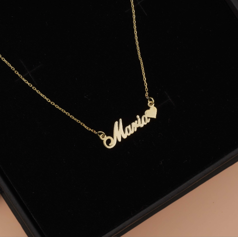Bijuterii Personalizate cu Nume - Lant din Aur 14K dama cu nume si inimioara - Pandantiv aur decupat nume
