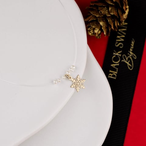 COLIERE - Lantisor fir transparent cu guta si pandantiv din Aur 14K Fulg de Nea - Colectia de Craciun