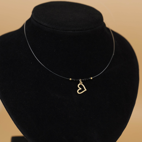 Valentine's Days - Lantisor fir transparent cu pandantiv Inima din Aur 14K – Cristale negre