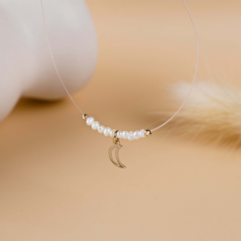 COLIERE - Lantisor fir transparent cu pandantiv din Aur 14K Semiluna – perle si bilute din Aur