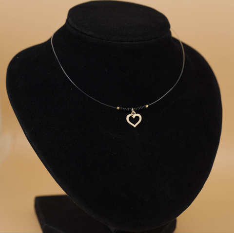 Valentine's Days - Lantisor fir transparent din guta cu pandantiv Inima din Aur 14K – Cristale negre