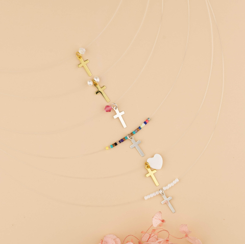 Coliere fir transparent Argint - Choker / Lantisor fir transparent din guta cu pandantiv Cruciulita si MIYUKI colorate / sidef