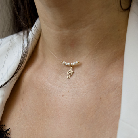 COLIERE - Lantisor fir transparent cu pandantiv Aur 14K Cheia Sol si perle de cultura