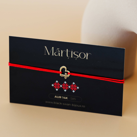 Martisoare Aur 14K - Martisor bratara cu snur inima din aur 14K si cruciulita