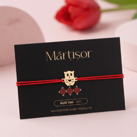 Martisoare Aur 14K - Martisor bratara cu snur Bufnita din aur 14K