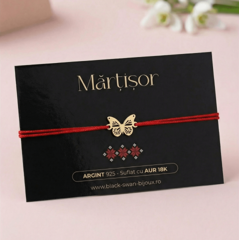 Martisoare - Martisor bratara cu snur Fluture din Argint 925 suflat cu Aur 18K