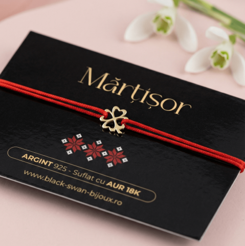 Martisoare - Martisor bratara cu snur Trifoi cu patru foi din Argint 925 suflat cu Aur 18K