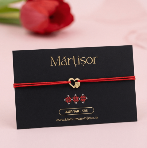 Martisoare Aur 14K - Martisor bratara cu snur Inima si buchet de flori din aur 14K
