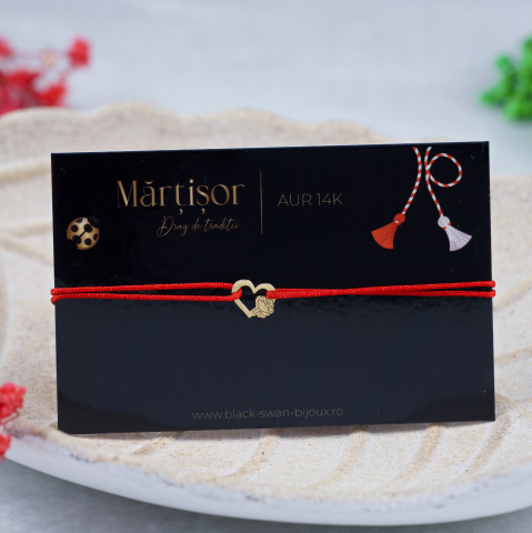 Martisoare Aur 14K - Martisor bratara cu snur Inima si buchet de flori din aur 14K