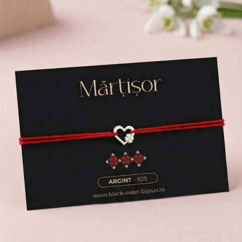 Martisoare - Martisor bratara cu snur Inima si Trifoi 4 foi din Argint 925