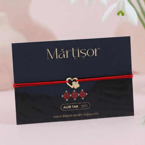 Martisoare Aur 14K - Martisor bratara cu snur Inima si Fluture din aur 14K