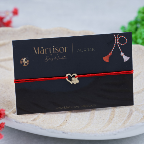 Martisoare Aur 14K - Martisor bratara cu snur Inima si Fluture din aur 14K