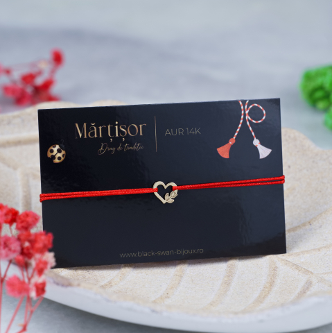 Martisoare Aur 14K - Martisor bratara cu snur Inima si Lalea din aur 14K