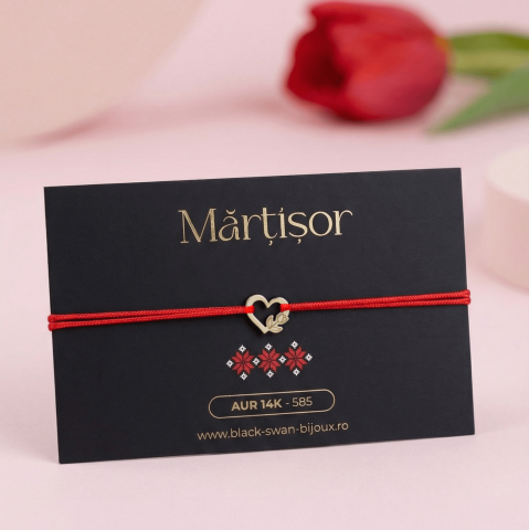 Martisoare Aur 14K - Martisor bratara cu snur Inima si Lalea din aur 14K