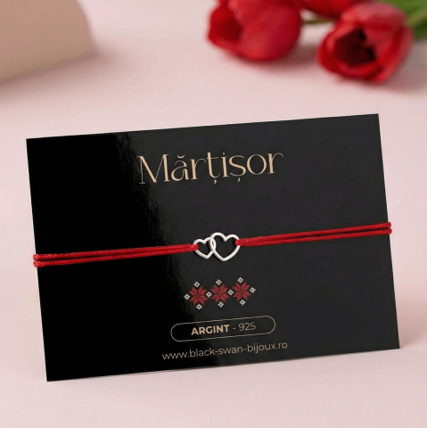 Martisoare - Martisor bratara cu snur si Doua Inimi din Argint 925