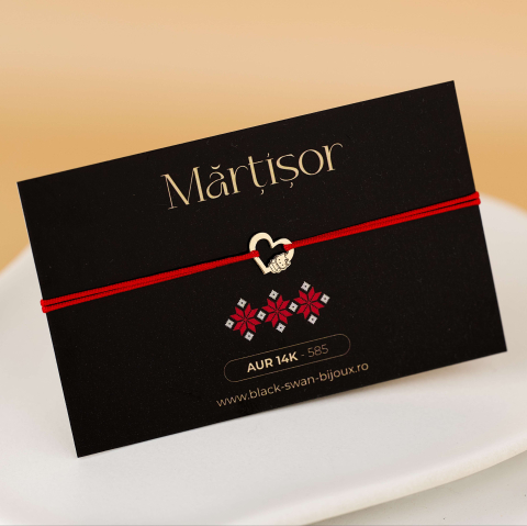 Martisoare - Martisor bratara cu snur rosu Inimioara cu Hello Kitty din Aur14K