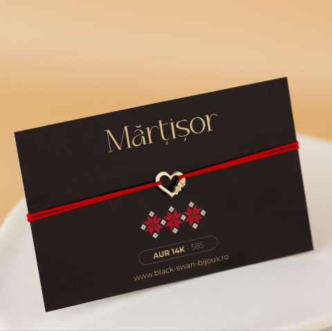 Martisoare - Martisor bratara cu snur rosu Inimioara si Baietel din Aur14K