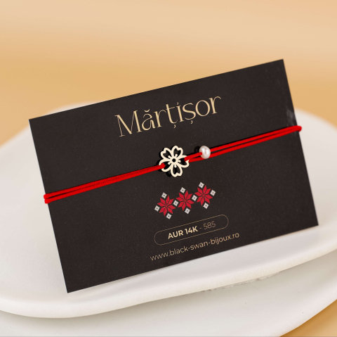 Martisoare - Martisor bratara cu snur rosu Floare de Cires din Aur14K si Perluta Alba Naturala