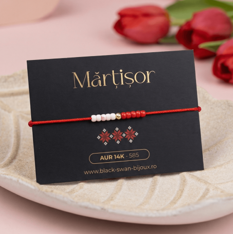 Martisoare Aur 14K - Martisor bratara cu snur si biluta striata din Aur 14K 2.5mm
