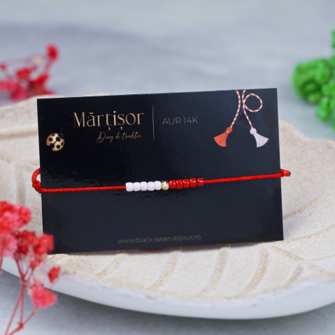 Martisoare Aur 14K - Martisor bratara cu snur si biluta striata din Aur 14K 2.5mm