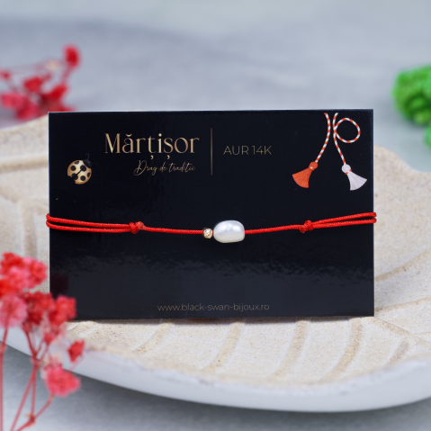 Martisoare Aur 14K - Martisor bratara cu snur si biluta striata din Aur 14K si perla naturala de cultura