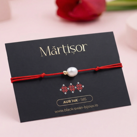 Martisoare Aur 14K - Martisor bratara cu snur si biluta striata din Aur 14K si perla naturala de cultura