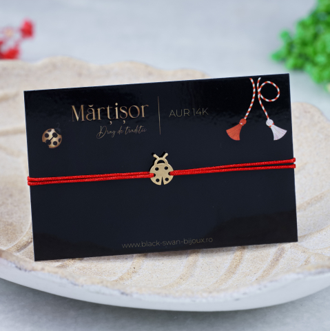 Martisoare Aur 14K - Martisor bratara cu snur si Buburuza din Aur 14K