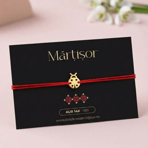 Martisoare Aur 14K - Martisor bratara cu snur si Buburuza din Aur 14K