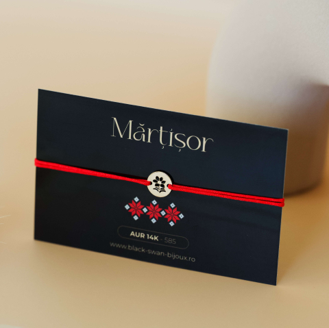 Martisoare Aur 14K - Martisor bratara cu snur si banut din Aur14K Simbol Floare