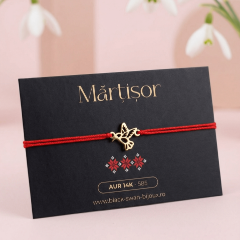 Martisoare Aur 14K - Martisor bratara cu snur si Pasarea Colibri din Aur 14K