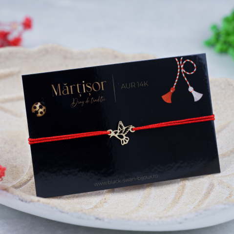 Martisoare Aur 14K - Martisor bratara cu snur si Pasarea Colibri din Aur 14K