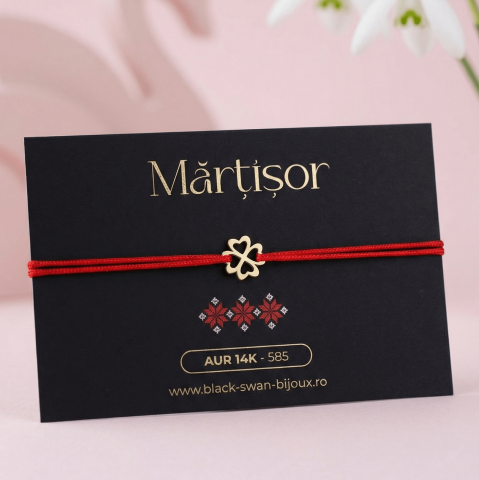 Martisoare Aur 14K - Martisor bratara cu snur Trifoi cu patru foi din aur 14K