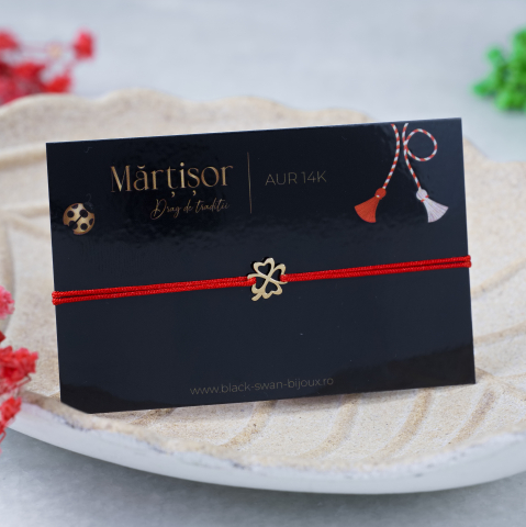 Martisoare Aur 14K - Martisor bratara cu snur Trifoi cu patru foi din aur 14K