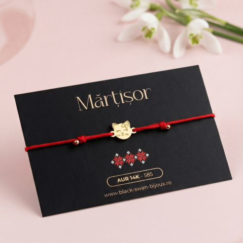 Martisoare Aur 14K - Martisor din aur 14K 'Hello Kitty' - Snur rosu din matase
