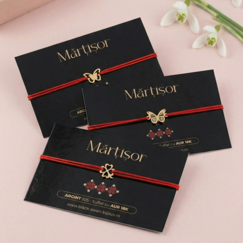 Martisoare - Pachet 5 x Martisor bratara cu snur din Argint 925 suflat cu Aur 18K