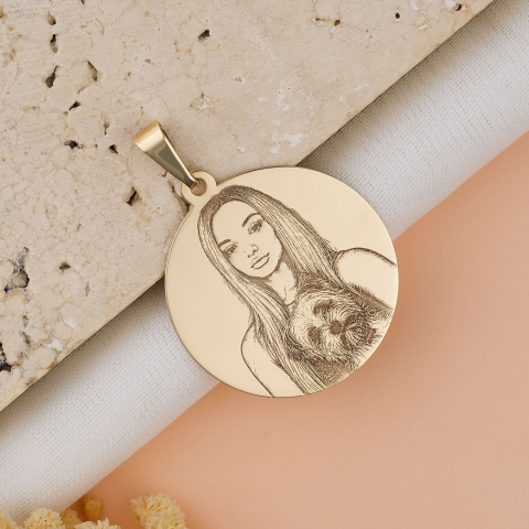 Bijuterii personalizate cu poza - Pandantiv Banut din Aur 14K tip medalion 25 mm cu Fotogravura si prindere mare cu anou