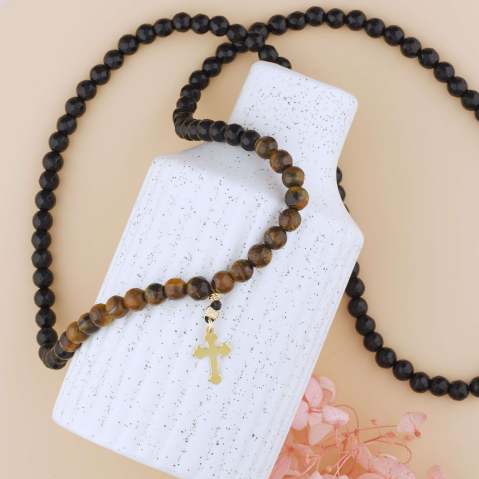 Cadouri pentru Iubit / Sot - Metanier Ortodox realizat din margele Ochi de Tigru si cruciulita din Argint 925 suflat cu Aur