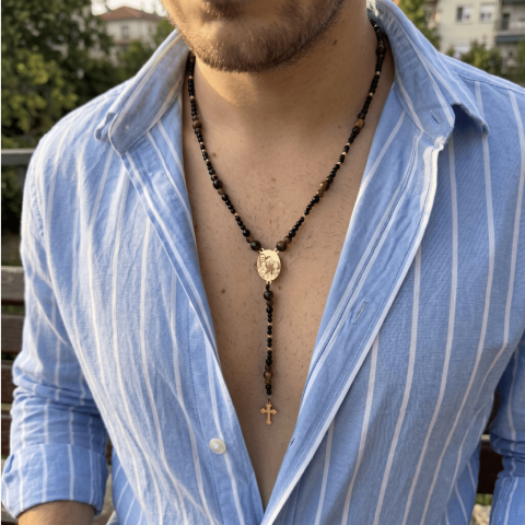 Bijuterii Religioase cu HAR - Rozariu Aur Barbati cu Fotogravura / Rugaciune - Margele Ochi de Tigru / Onix Negru si Bilute striate din Aur 14K