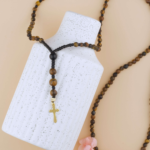 Cadouri pentru Iubit / Sot - Rozariu Barbati Argint suflat cu Aur 18K -  Margele pretioase Ochi de Tigru