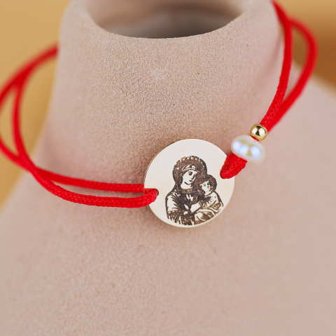 COPII - Bratara cu snur copii Banut Aur 14K Icoana Fecioara Maria / Maica Domnului