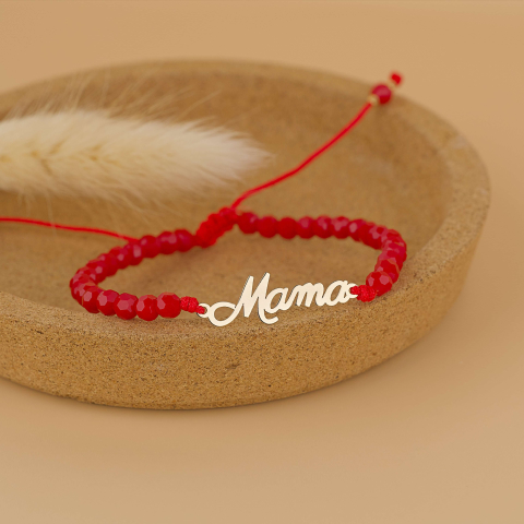 8 Martie - Bratara link Aur 14K 'Mama' cu margele onyx rosii - Cadou Mama