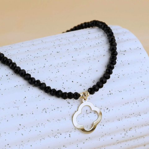 Choker negru cristal si aur - Choker negru cu pandantiv Clover Aur 14K - Cristale negre 3 mm