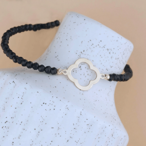 Bratara cu cristale Negru si Clover / Trifoi din Aur 14K