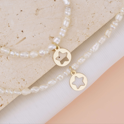 AUR - Set perle si Aur 14K - Colier si bratara din perle naturale bob de orez si pandantive banut 8 mm din Aur 14K Stea