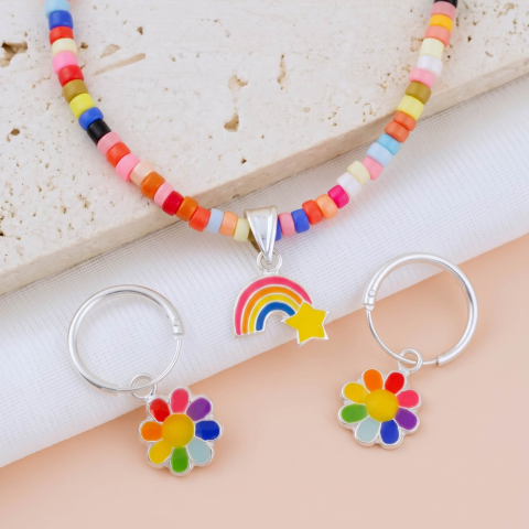 CADOURI - Set Premium Colier + Cercei pentru fetite Curcubeu si Flori Colorate - Argint 925 + Pelicula Anticoroziva